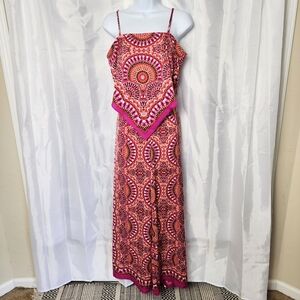 Rose Olive Boho Handkerchief Tank Wide Leg Palazzo Pants Set Sz M Beach Resort